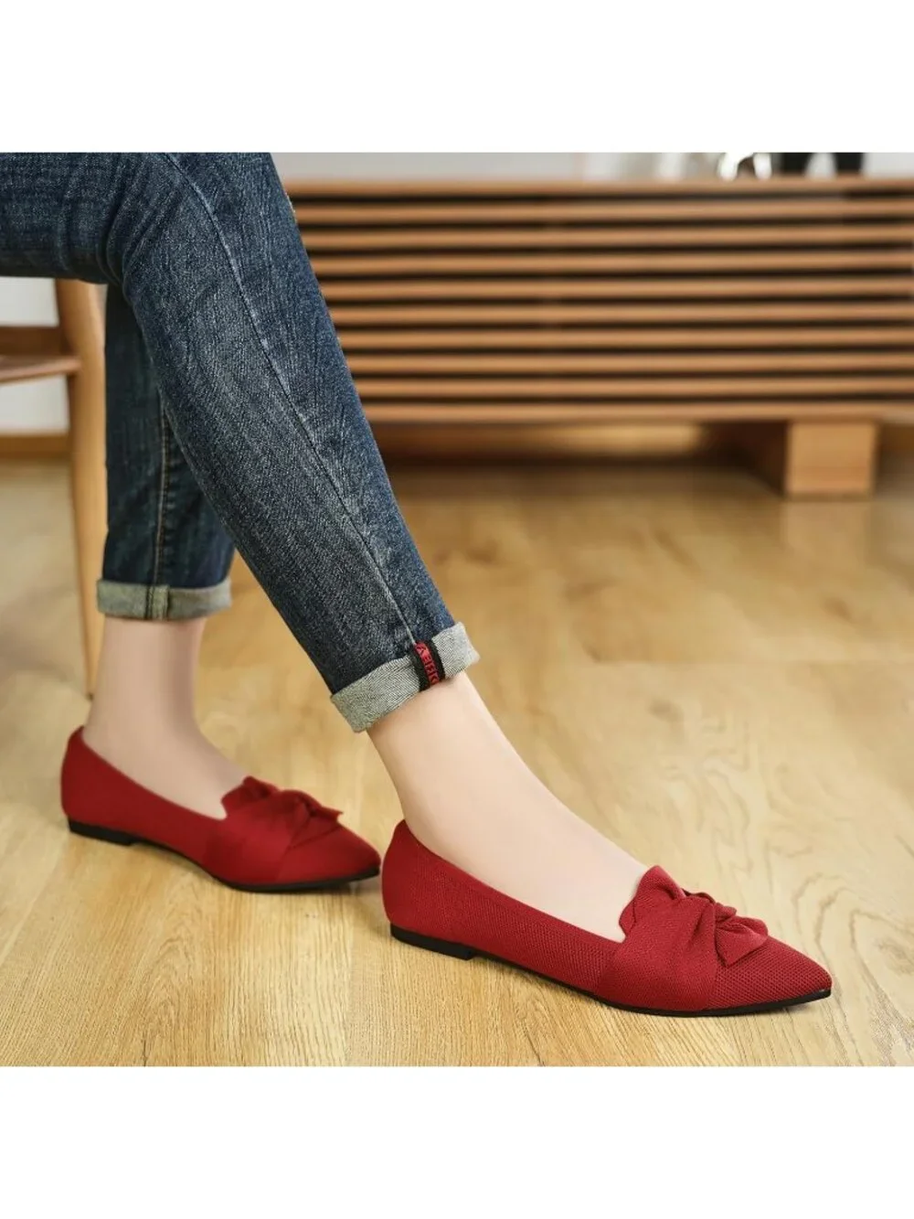 Women's Red Pointed Toe Ballet Flats with Bow Comfortable Knit Dressy Shoes